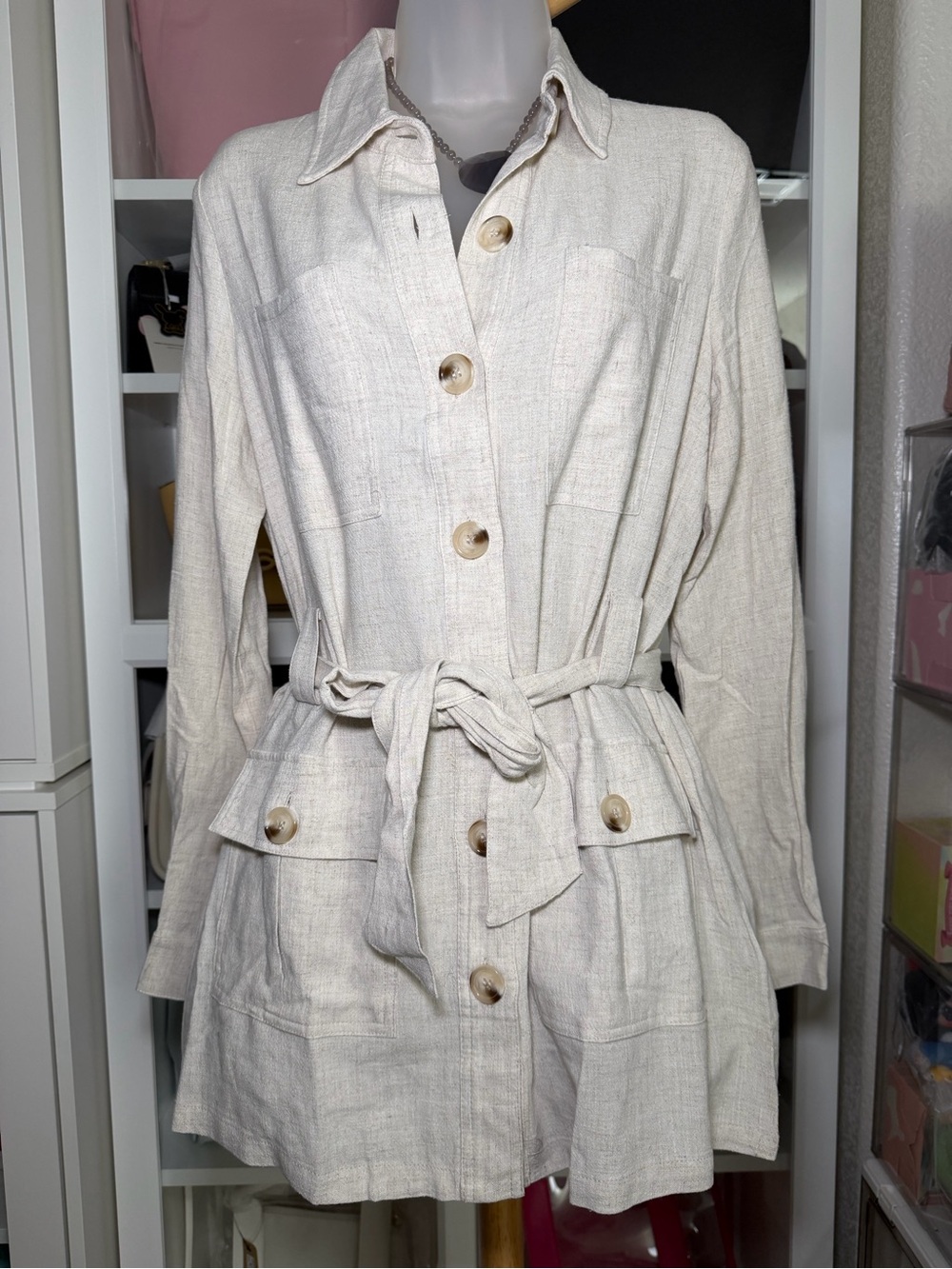 Women’s Cream Button-Front Utility Jacket with Waist Tie